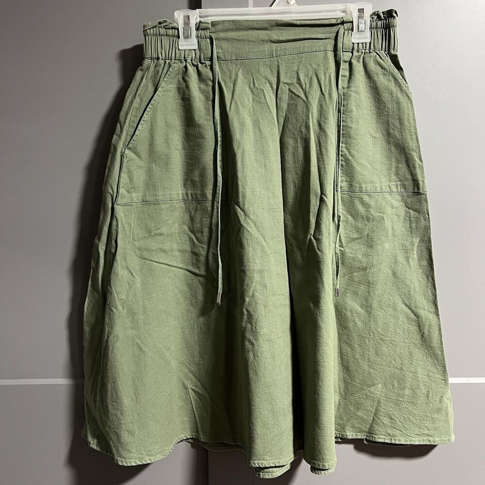 Unbranded Cotton Elastic Waist Midi A-Line Skirt Green Cottagecore Waist 30”
